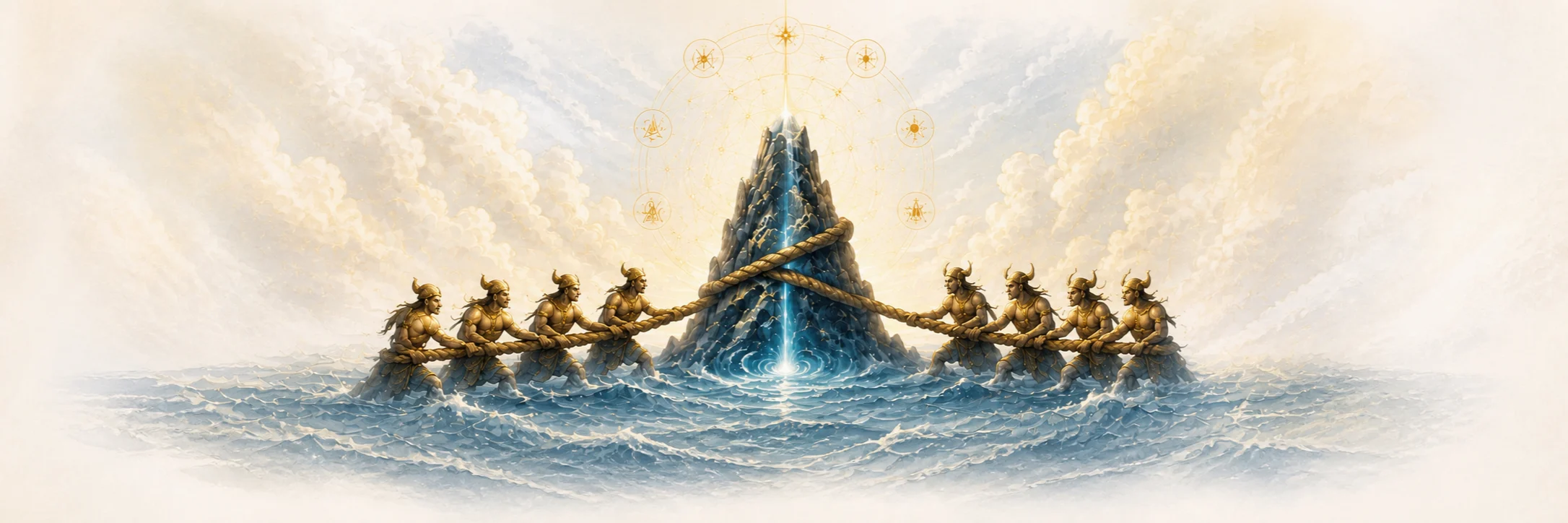 Celestial figures churning a luminous ocean around a sacred mountain
