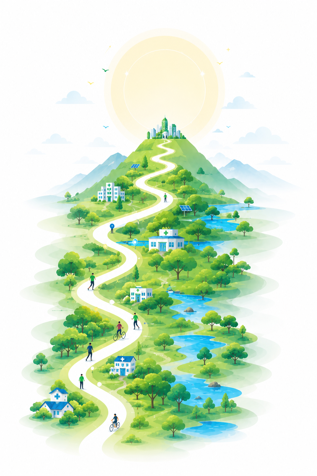 A green mountain path connecting homes, hospitals, nature and a thriving city