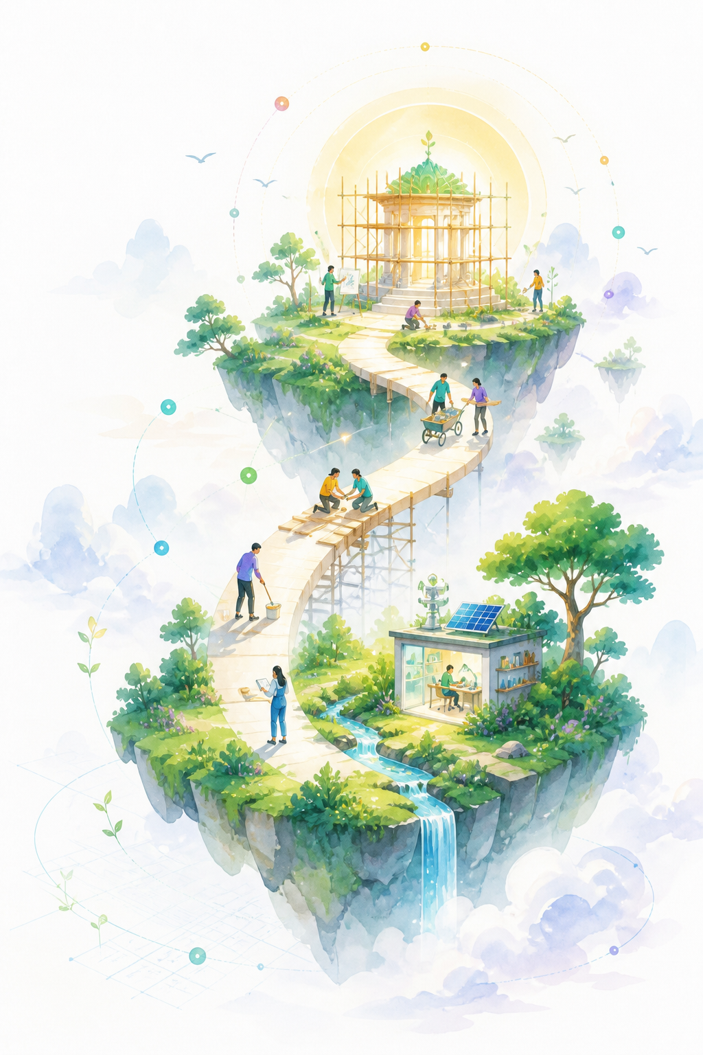 People building a luminous bridge between thriving landscape islands and a future pavilion